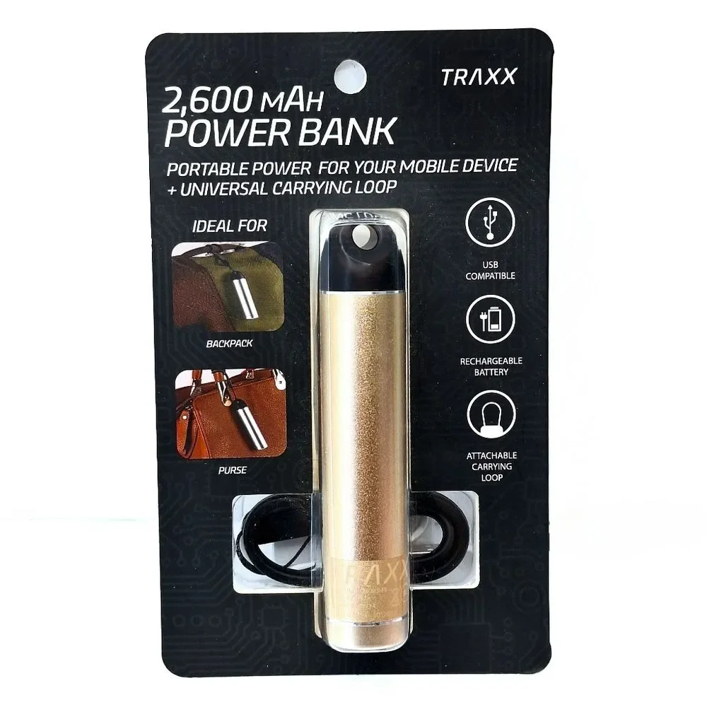 NWT Traxx Gold 2,600 mAh Portable Power Bank Keychain with Carrying Loop